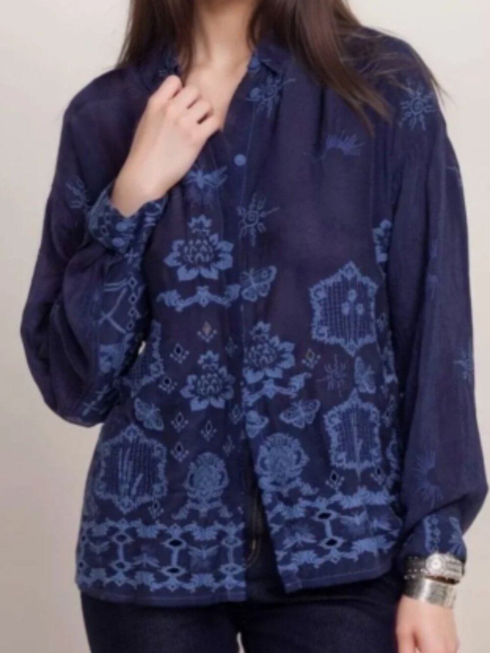 New M Johnny Was Audrey embroidered button up blouse Firefly Glow dark blue